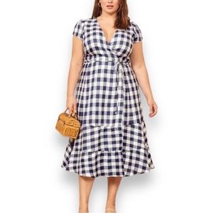 Reformation Blue and White gingham Tiered Wrap Sundress